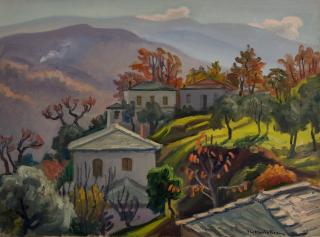 Tsagarada, Pelion, Landscape, Smoke — Oil painting, Canvas, 54.00×73.00cm — Theodoros Markellos